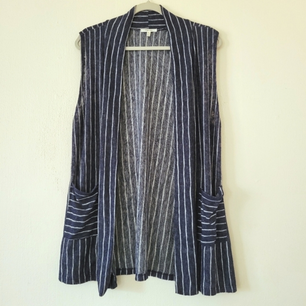 Maurices Sleeveless Open Front Boho Navy Blue White Stripe Vest Cardigan Size M